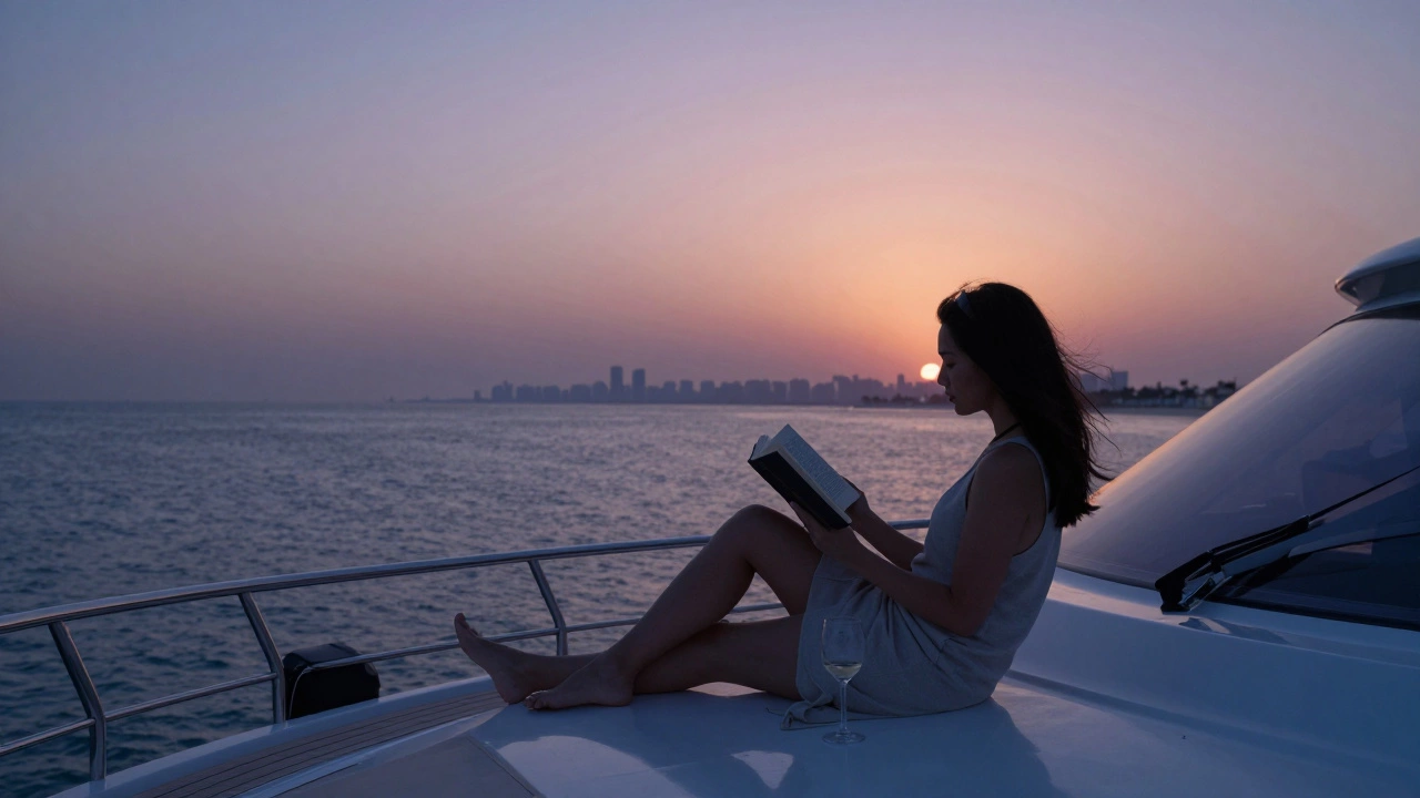 A woman reads quietly on a private yacht at sunset, the Dubai skyline fading into the horizon, sea still and serene.