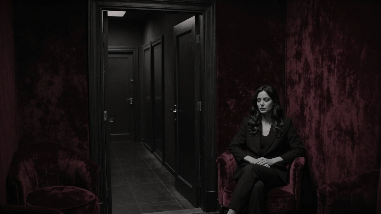A woman sits alone in a hushed, velvet-lined lounge, door slightly ajar to a mysterious hallway, no visible branding or people.